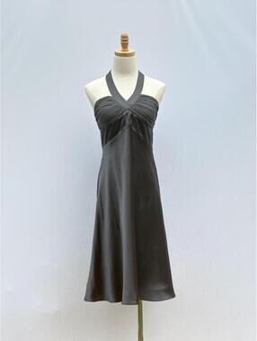 Vintage 90s BCBG Paris 100% Silk Halter Neck Cocktail Dress Small Charcoal Gray